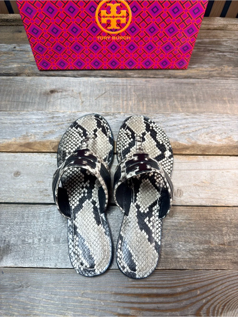 Tory Burch Snake-Print Thong Sandals - Black & Cream